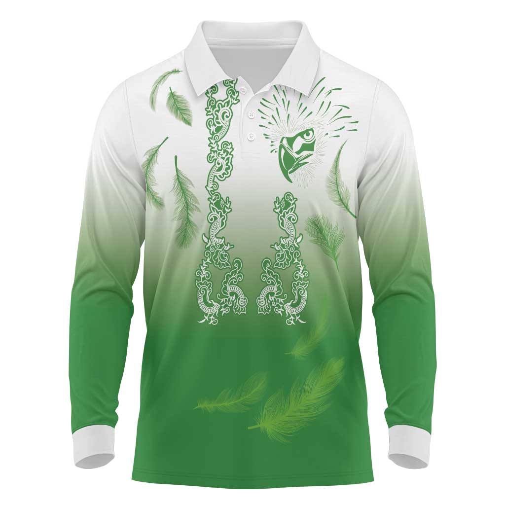 Philippines National Costume Style Long Sleeve Polo Shirt Barong Tagalog and Eagle Feather Green Color