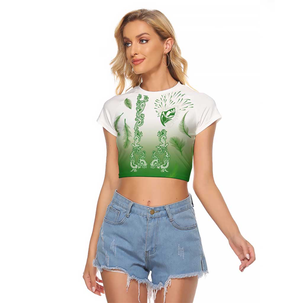 Philippines National Costume Style Raglan Cropped T Shirt Barong Tagalog and Eagle Feather Green Color