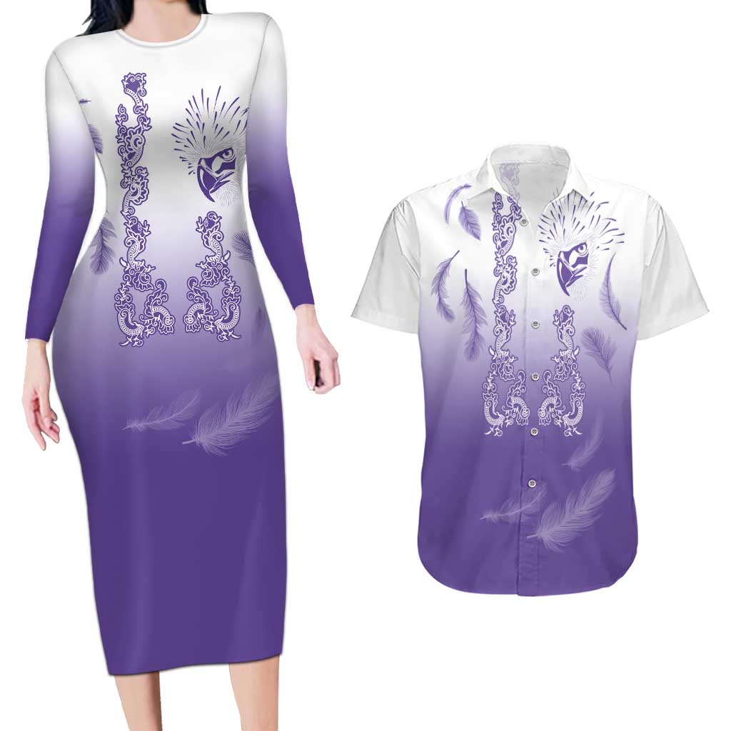 Philippines National Costume Style Couples Matching Long Sleeve Bodycon Dress and Hawaiian Shirt Barong Tagalog and Eagle Feather Purple Color