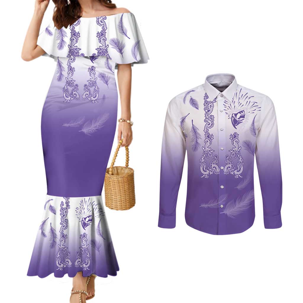 Philippines National Costume Style Couples Matching Mermaid Dress and Long Sleeve Button Shirt Barong Tagalog and Eagle Feather Purple Color