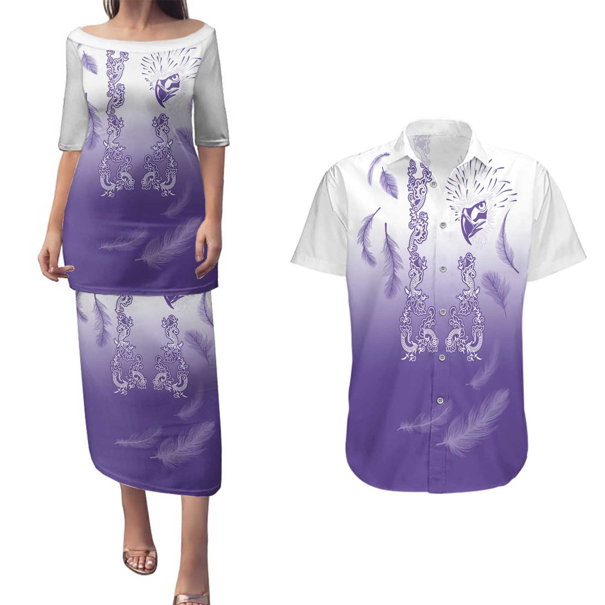 Philippines National Costume Style Couples Matching Puletasi and Hawaiian Shirt Barong Tagalog and Eagle Feather Purple Color