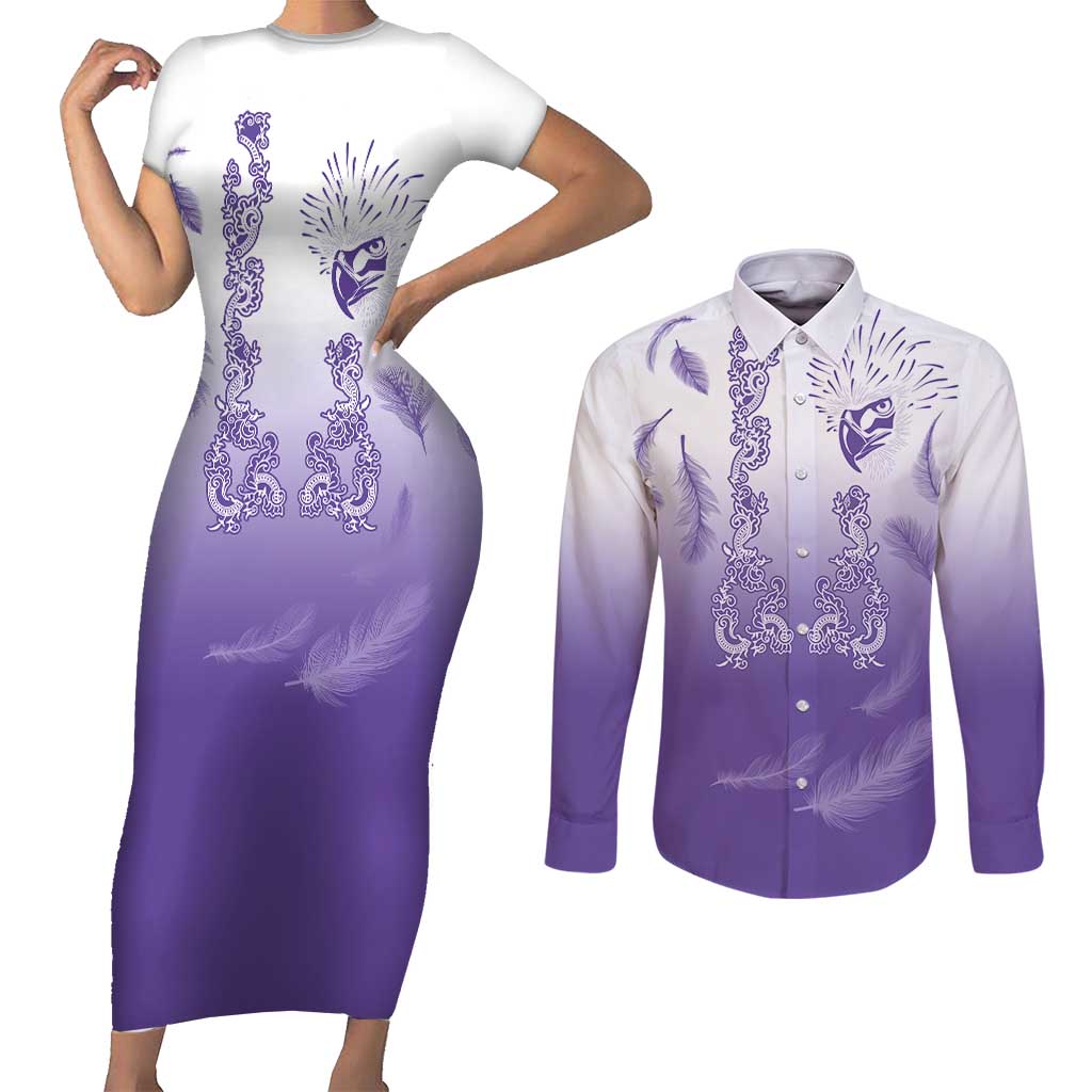 Philippines National Costume Style Couples Matching Short Sleeve Bodycon Dress and Long Sleeve Button Shirt Barong Tagalog and Eagle Feather Purple Color