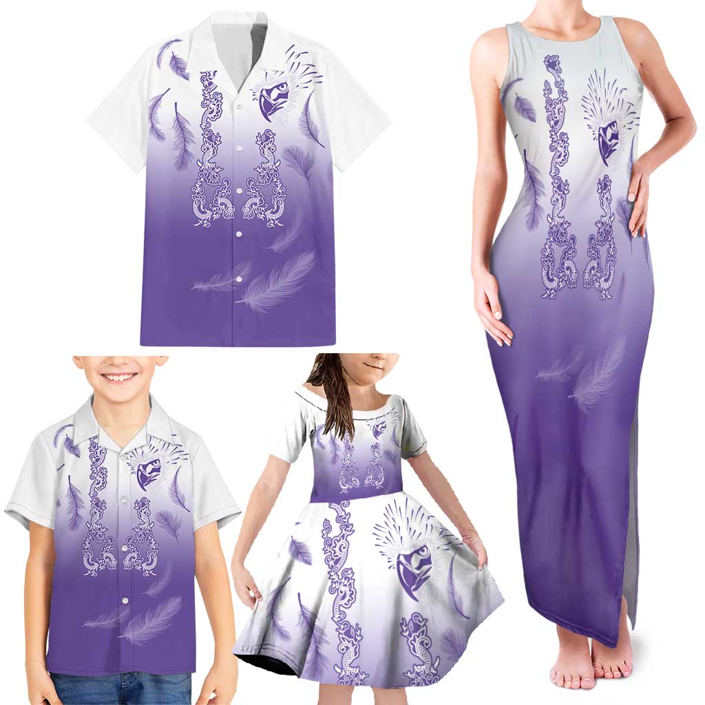 Philippines National Costume Style Family Matching Tank Maxi Dress and Hawaiian Shirt Barong Tagalog and Eagle Feather Purple Color