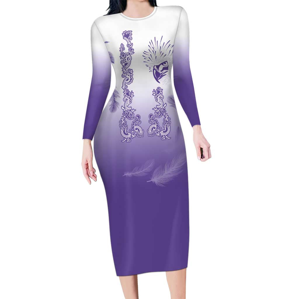 Philippines National Costume Style Long Sleeve Bodycon Dress Barong Tagalog and Eagle Feather Purple Color