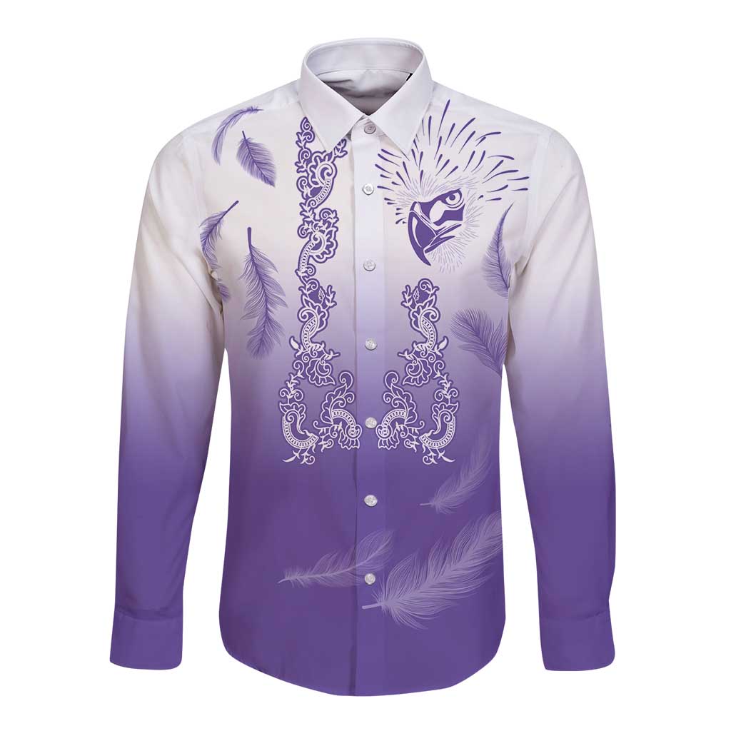 Philippines National Costume Style Long Sleeve Button Shirt Barong Tagalog and Eagle Feather Purple Color