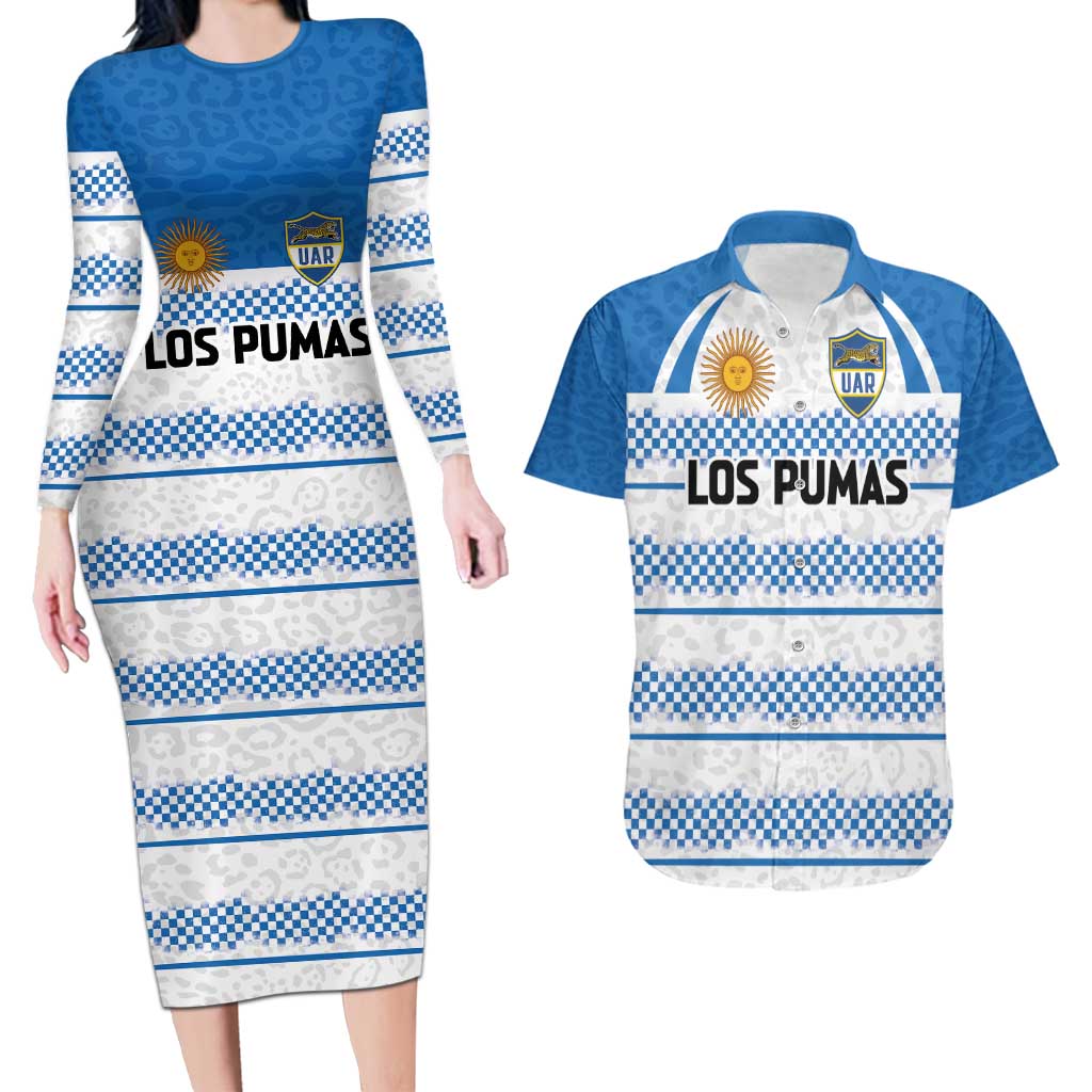 Argentina Rugby Custom Couples Matching Long Sleeve Bodycon Dress and Hawaiian Shirt Los Pumas Jaguar Race Style - Wonder Print Shop