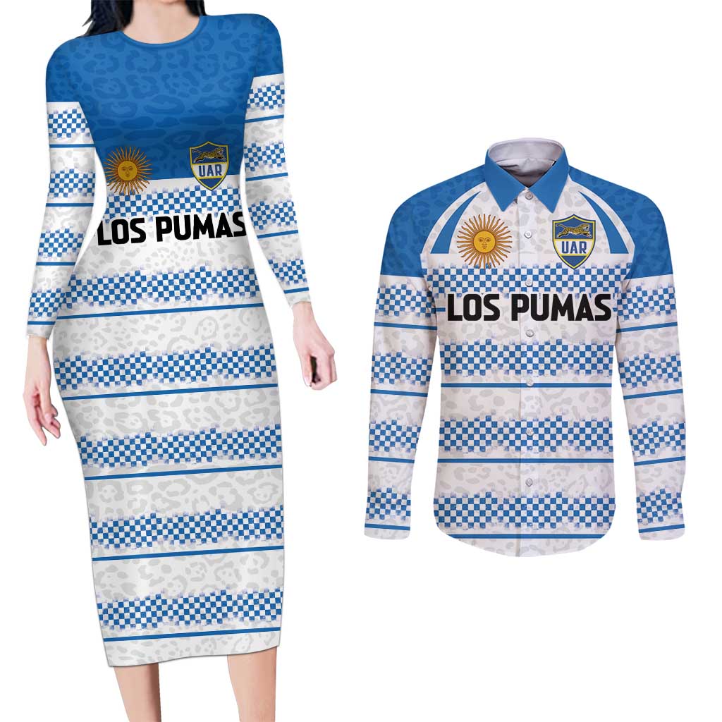 Argentina Rugby Custom Couples Matching Long Sleeve Bodycon Dress and Long Sleeve Button Shirt Los Pumas Jaguar Race Style - Wonder Print Shop
