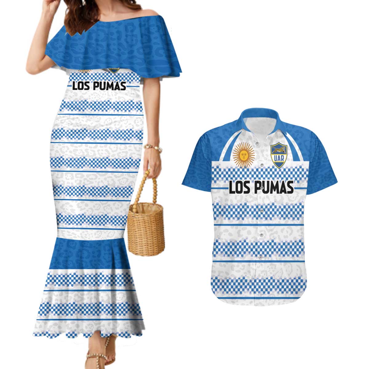 Argentina Rugby Custom Couples Matching Mermaid Dress and Hawaiian Shirt Los Pumas Jaguar Race Style - Wonder Print Shop