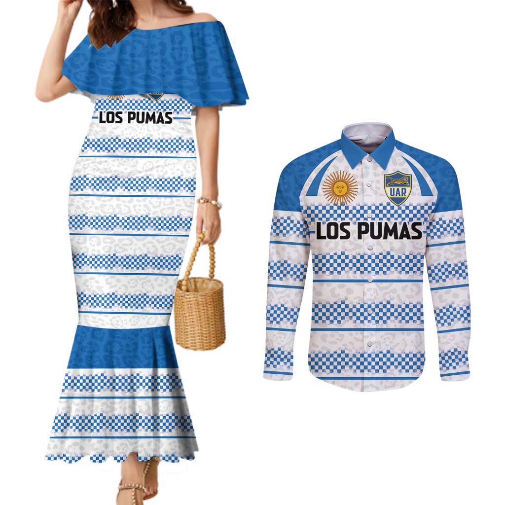 Argentina Rugby Custom Couples Matching Mermaid Dress and Long Sleeve Button Shirt Los Pumas Jaguar Race Style - Wonder Print Shop