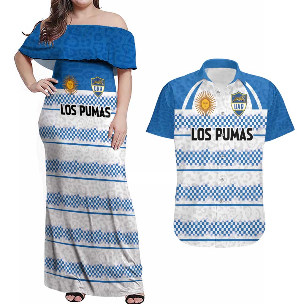 Argentina Rugby Custom Couples Matching Off Shoulder Maxi Dress and Hawaiian Shirt Los Pumas Jaguar Race Style - Wonder Print Shop
