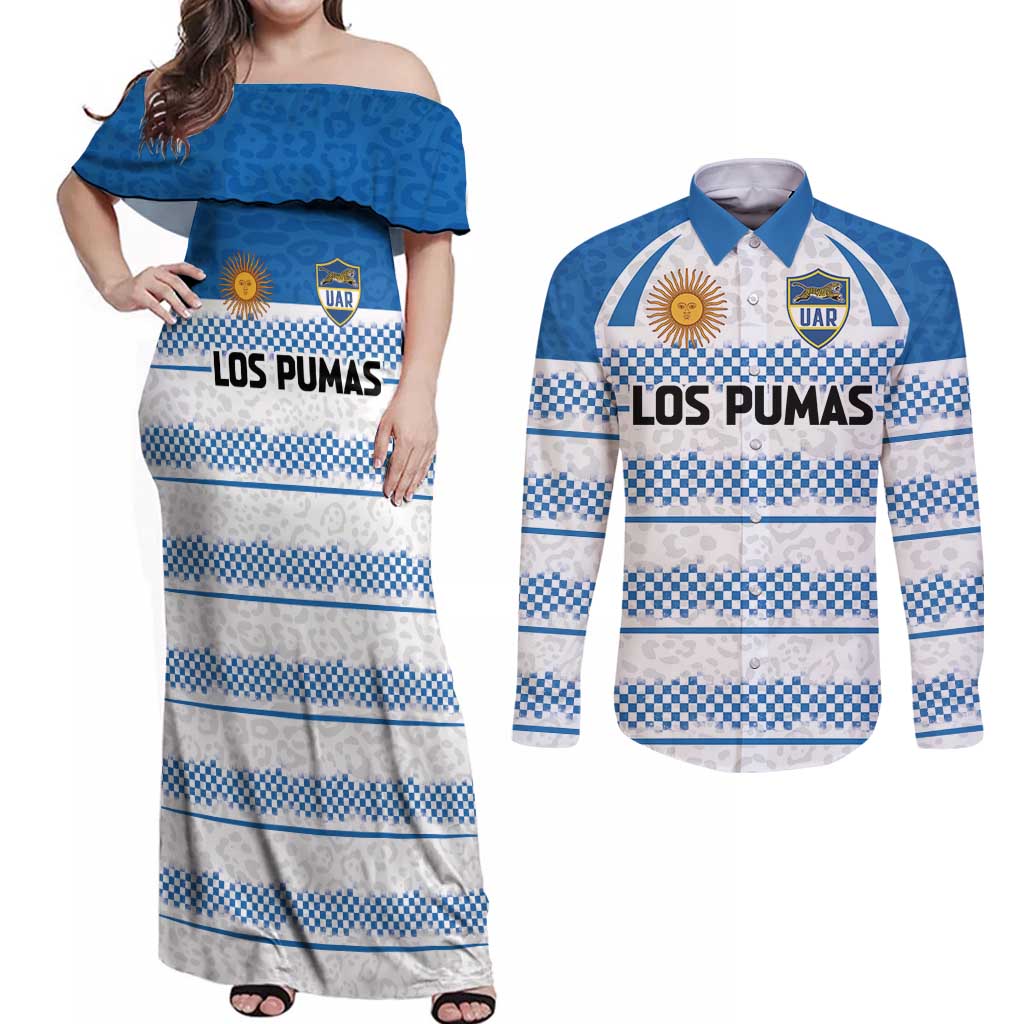 Argentina Rugby Custom Couples Matching Off Shoulder Maxi Dress and Long Sleeve Button Shirt Los Pumas Jaguar Race Style - Wonder Print Shop