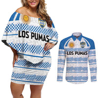 Argentina Rugby Custom Couples Matching Off Shoulder Short Dress and Long Sleeve Button Shirt Los Pumas Jaguar Race Style - Wonder Print Shop