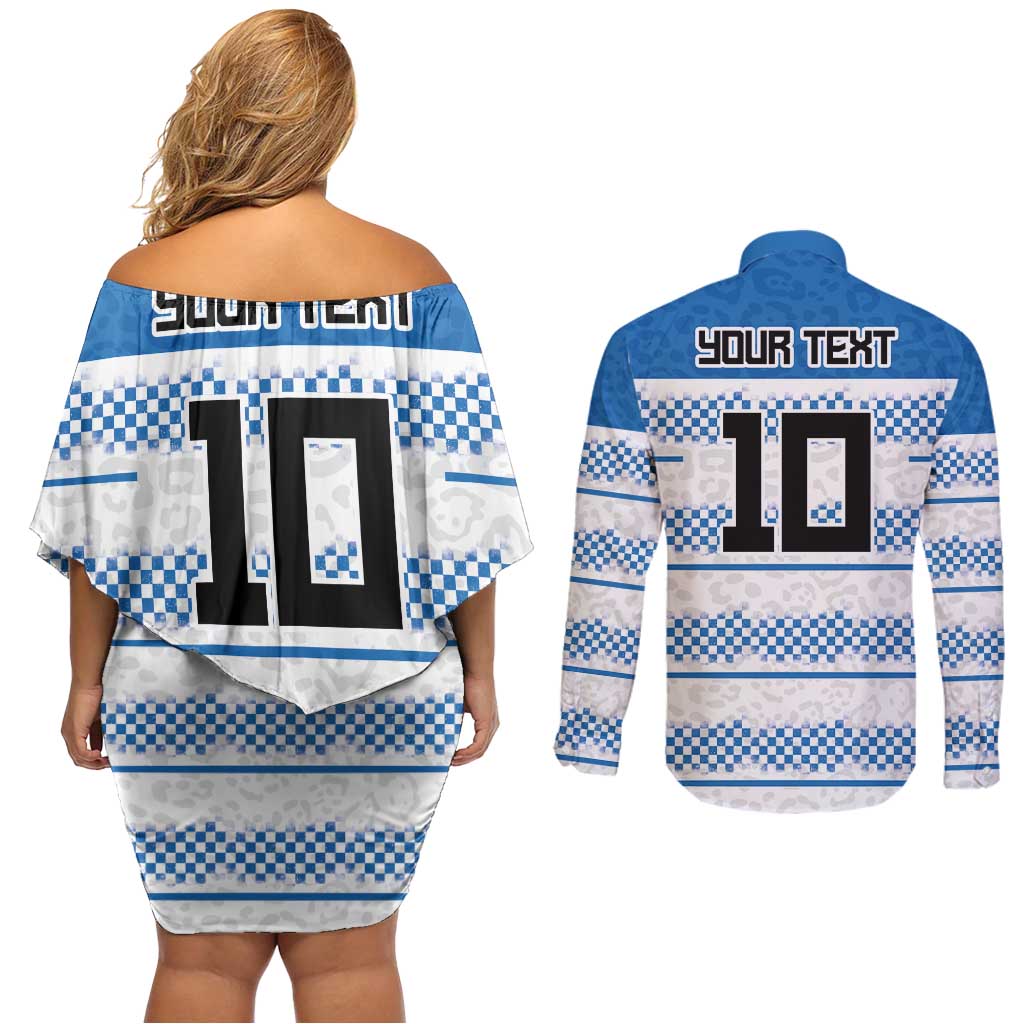 Argentina Rugby Custom Couples Matching Off Shoulder Short Dress and Long Sleeve Button Shirt Los Pumas Jaguar Race Style - Wonder Print Shop