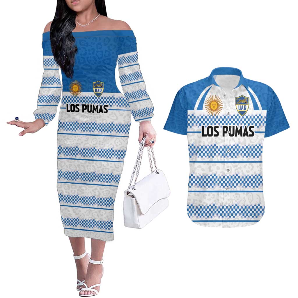 Argentina Rugby Custom Couples Matching Off The Shoulder Long Sleeve Dress and Hawaiian Shirt Los Pumas Jaguar Race Style - Wonder Print Shop