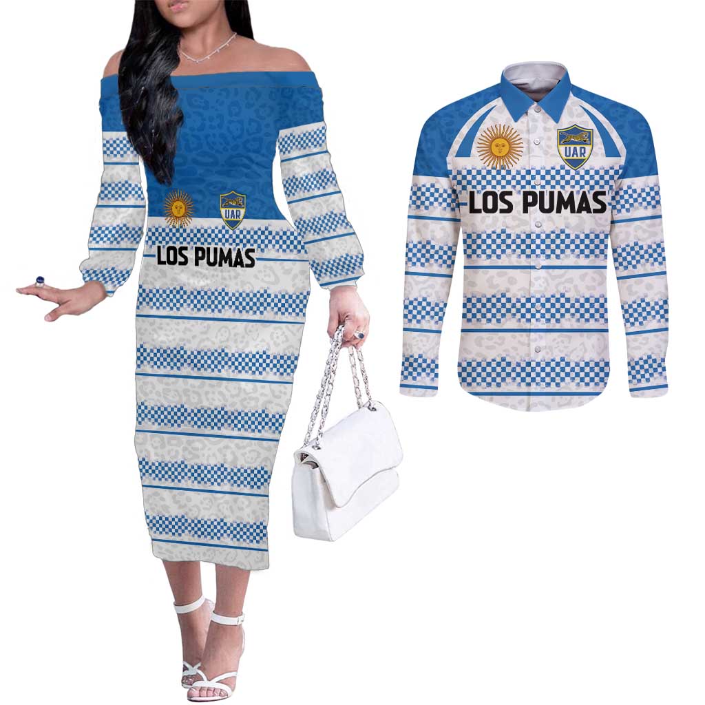 Argentina Rugby Custom Couples Matching Off The Shoulder Long Sleeve Dress and Long Sleeve Button Shirt Los Pumas Jaguar Race Style - Wonder Print Shop