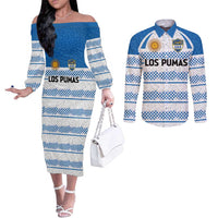 Argentina Rugby Custom Couples Matching Off The Shoulder Long Sleeve Dress and Long Sleeve Button Shirt Los Pumas Jaguar Race Style - Wonder Print Shop