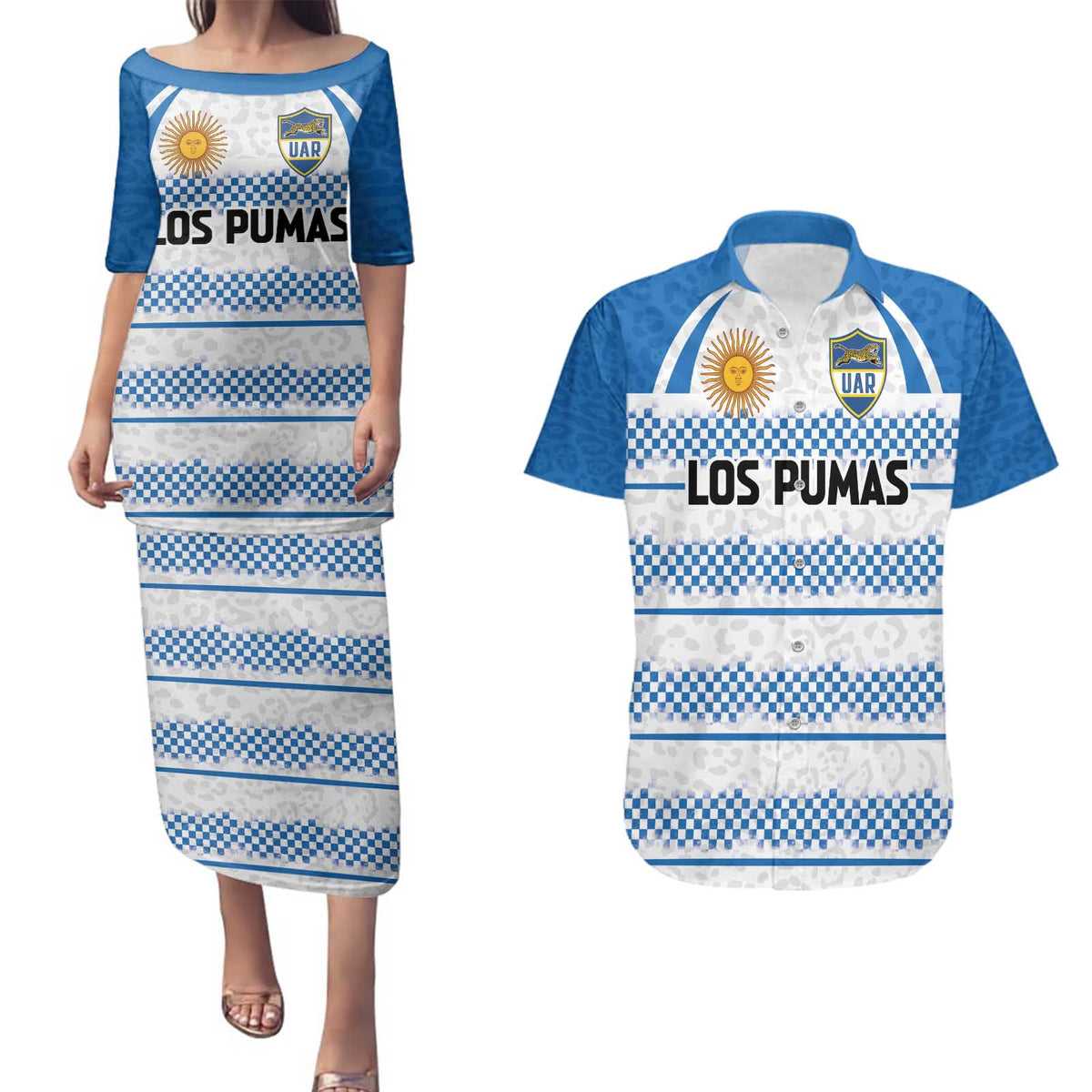 Argentina Rugby Custom Couples Matching Puletasi and Hawaiian Shirt Los Pumas Jaguar Race Style - Wonder Print Shop