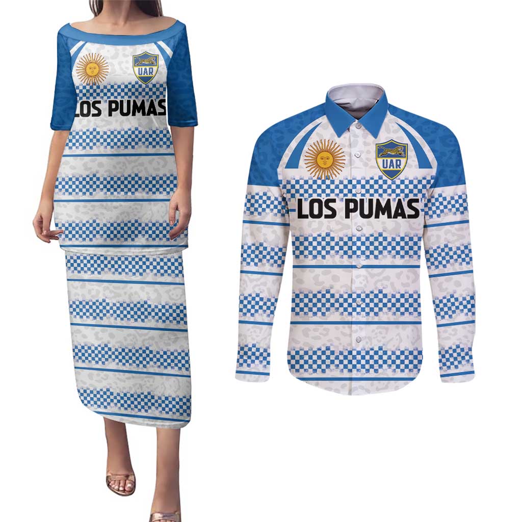 Argentina Rugby Custom Couples Matching Puletasi and Long Sleeve Button Shirt Los Pumas Jaguar Race Style - Wonder Print Shop