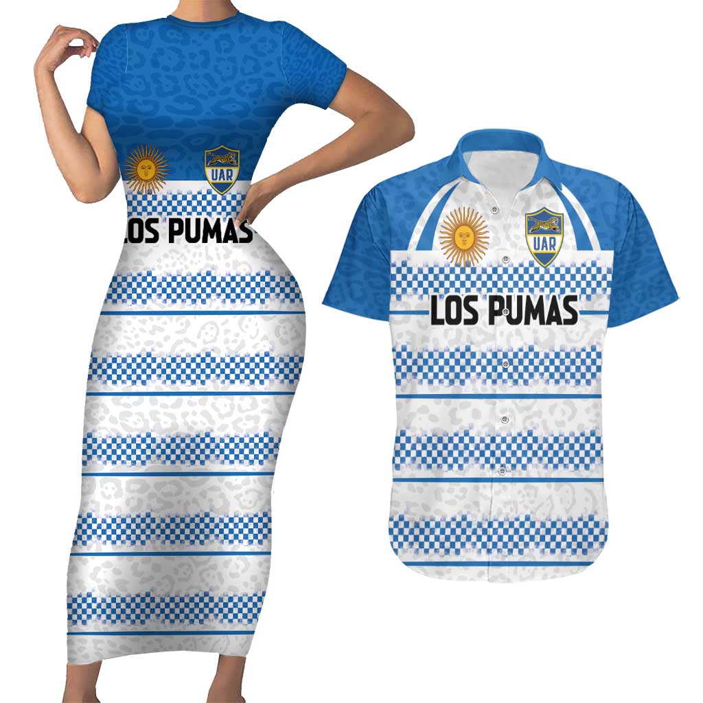 Argentina Rugby Custom Couples Matching Short Sleeve Bodycon Dress and Hawaiian Shirt Los Pumas Jaguar Race Style - Wonder Print Shop