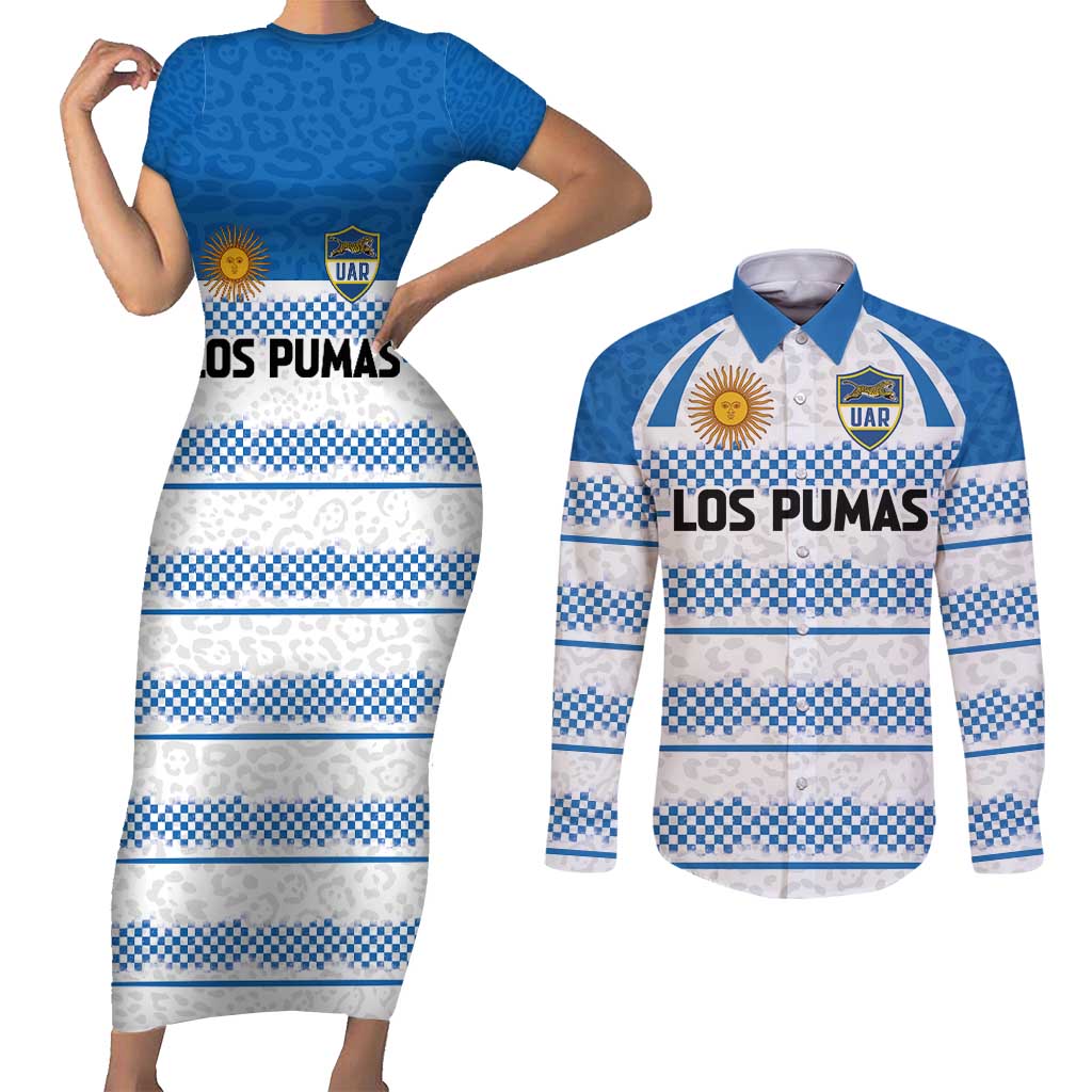 Argentina Rugby Custom Couples Matching Short Sleeve Bodycon Dress and Long Sleeve Button Shirt Los Pumas Jaguar Race Style - Wonder Print Shop