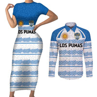 Argentina Rugby Custom Couples Matching Short Sleeve Bodycon Dress and Long Sleeve Button Shirt Los Pumas Jaguar Race Style - Wonder Print Shop