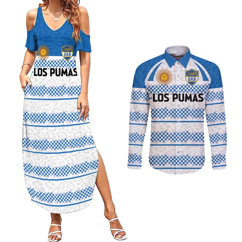 Argentina Rugby Custom Couples Matching Summer Maxi Dress and Long Sleeve Button Shirt Los Pumas Jaguar Race Style - Wonder Print Shop