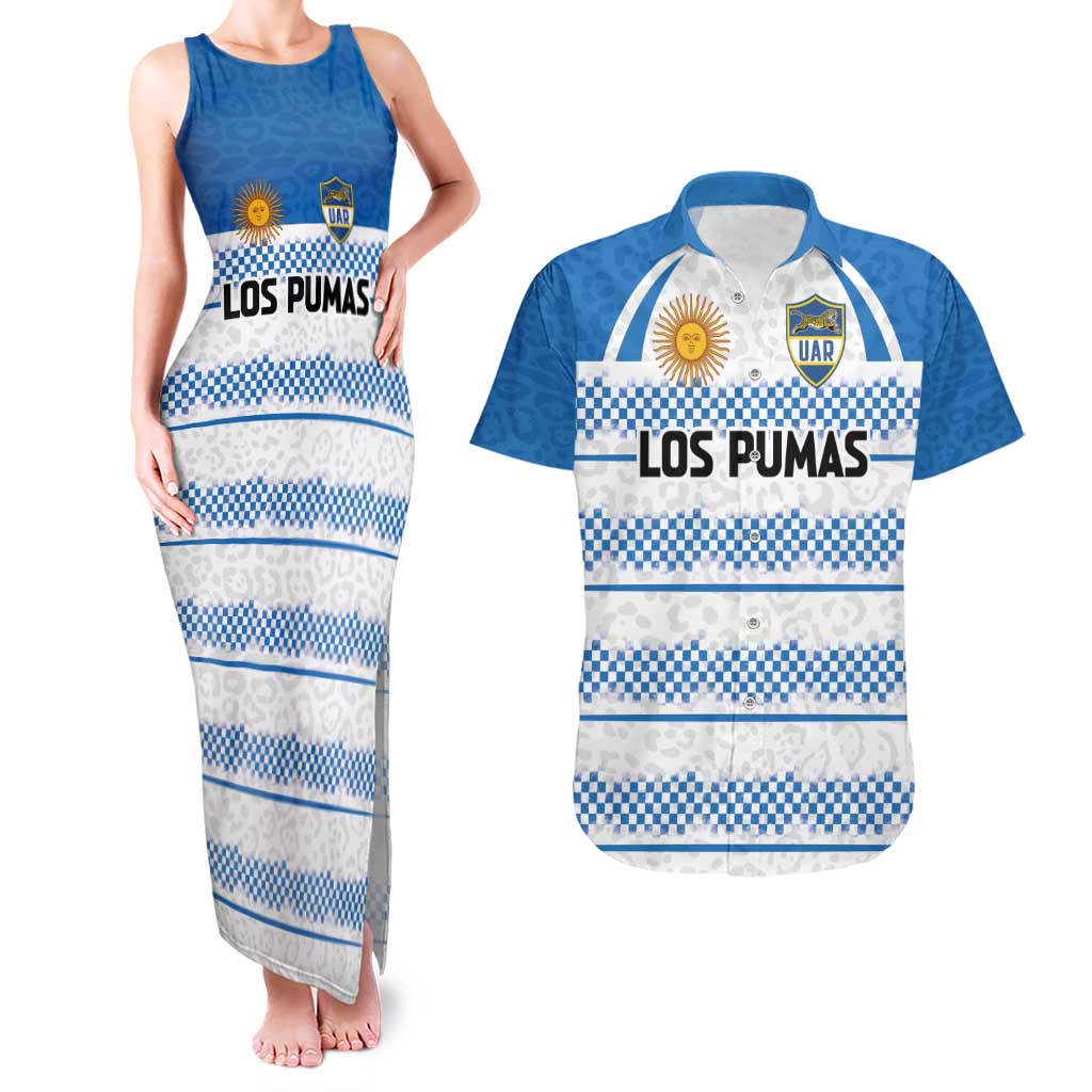 Argentina Rugby Custom Couples Matching Tank Maxi Dress and Hawaiian Shirt Los Pumas Jaguar Race Style - Wonder Print Shop