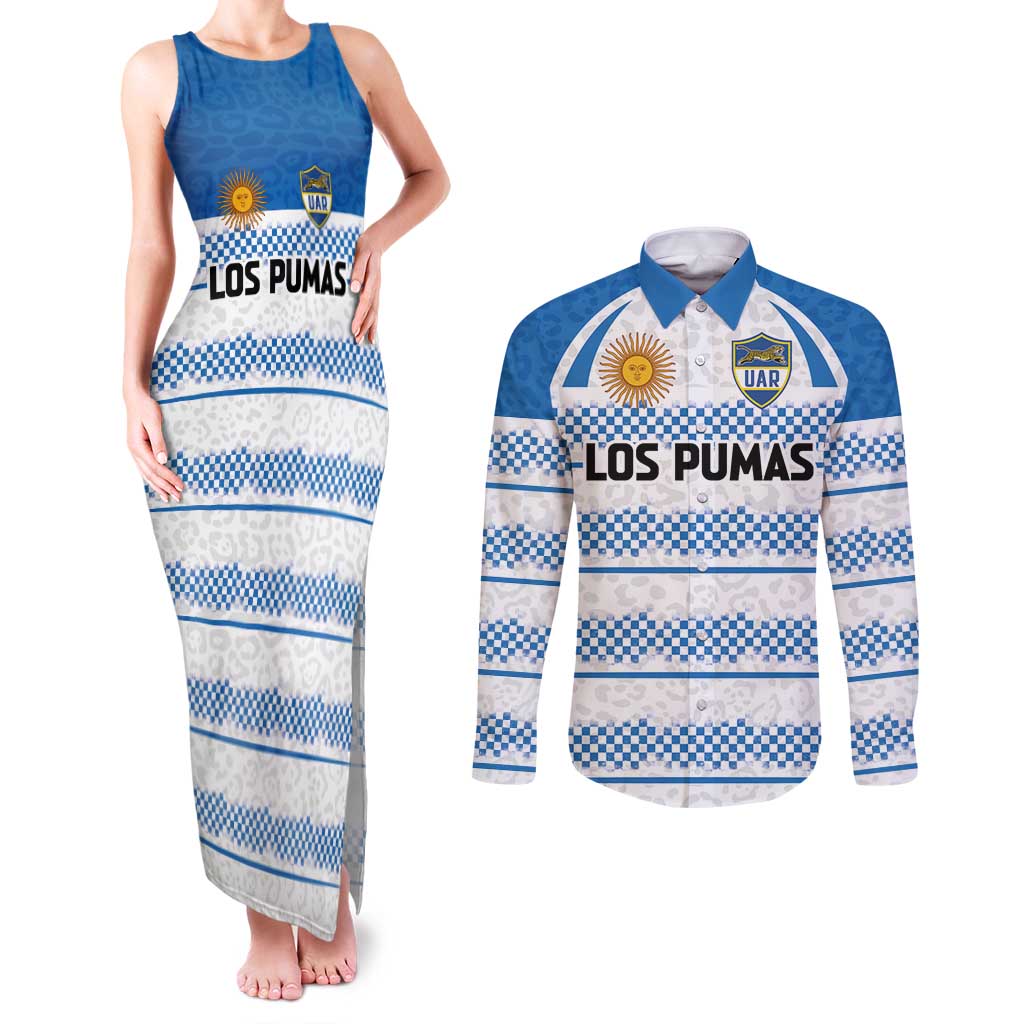 Argentina Rugby Custom Couples Matching Tank Maxi Dress and Long Sleeve Button Shirt Los Pumas Jaguar Race Style - Wonder Print Shop
