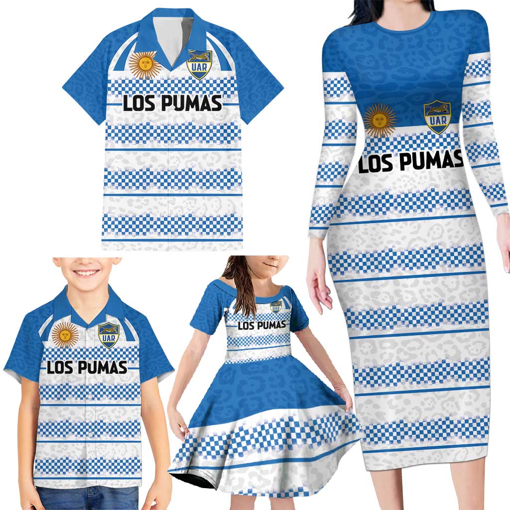 Argentina Rugby Custom Family Matching Long Sleeve Bodycon Dress and Hawaiian Shirt Los Pumas Jaguar Race Style - Wonder Print Shop