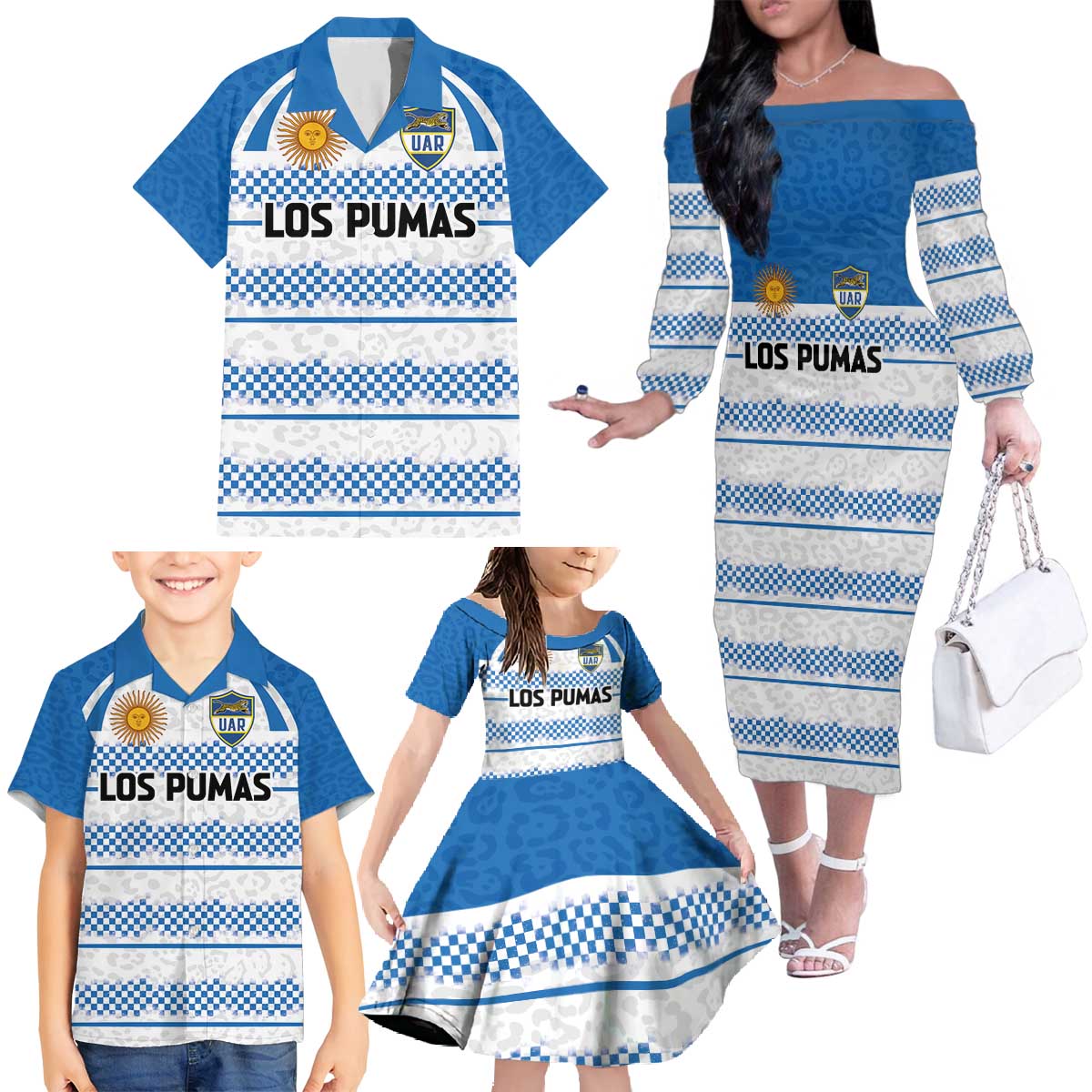 Argentina Rugby Custom Family Matching Off The Shoulder Long Sleeve Dress and Hawaiian Shirt Los Pumas Jaguar Race Style - Wonder Print Shop