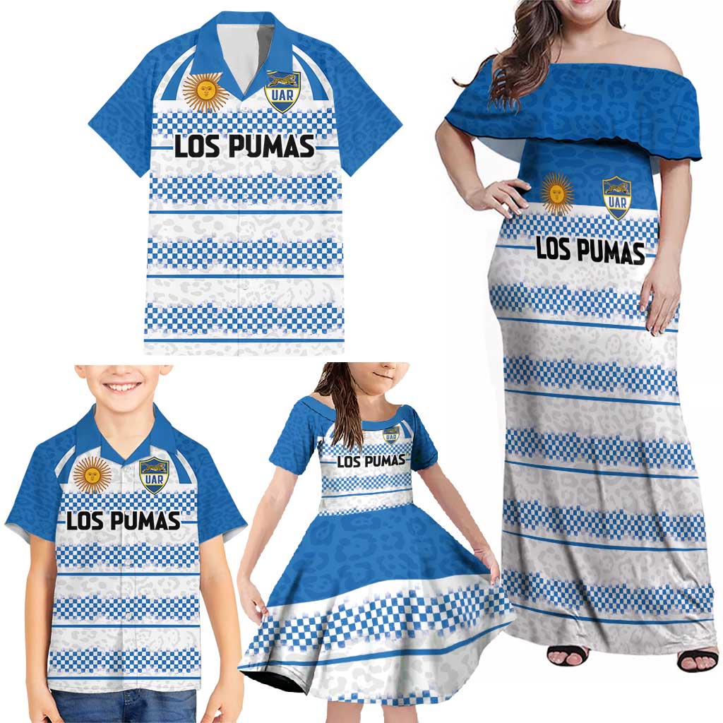 Argentina Rugby Custom Family Matching Off Shoulder Maxi Dress and Hawaiian Shirt Los Pumas Jaguar Race Style - Wonder Print Shop