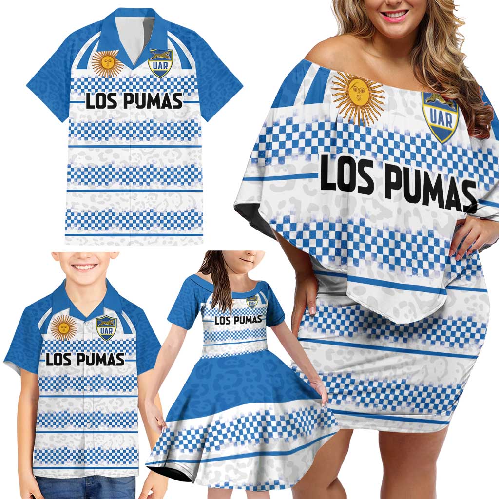 Argentina Rugby Custom Family Matching Off Shoulder Short Dress and Hawaiian Shirt Los Pumas Jaguar Race Style - Wonder Print Shop