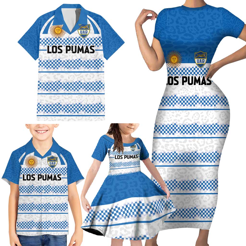Argentina Rugby Custom Family Matching Short Sleeve Bodycon Dress and Hawaiian Shirt Los Pumas Jaguar Race Style - Wonder Print Shop