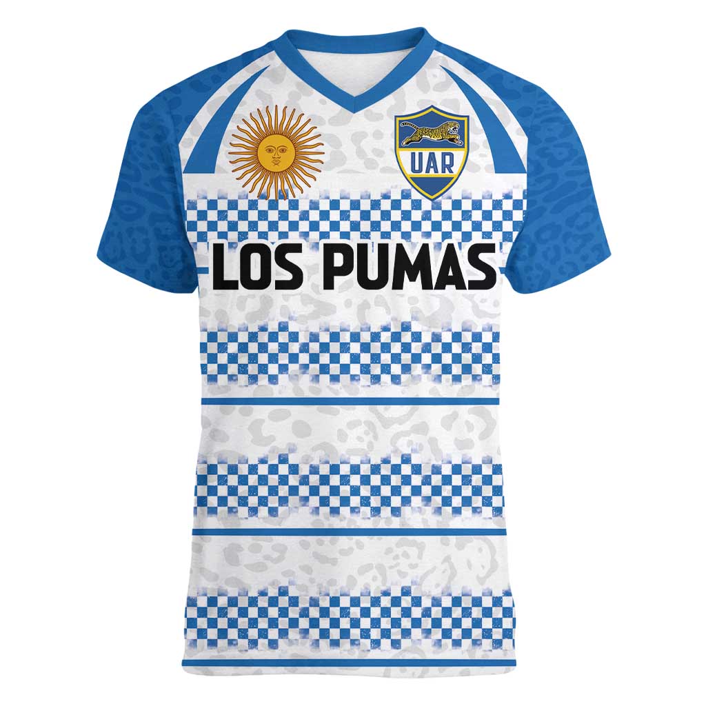 Argentina Rugby Custom Women V-Neck T-Shirt Los Pumas Jaguar Race Style - Wonder Print Shop