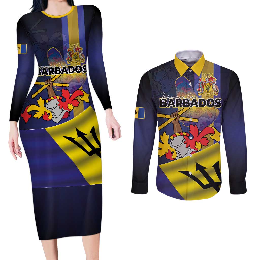 Barbados Independence Day Couples Matching Long Sleeve Bodycon Dress and Long Sleeve Button Shirt Coat of Arms with Freedom Emblems - Wonder Print Shop