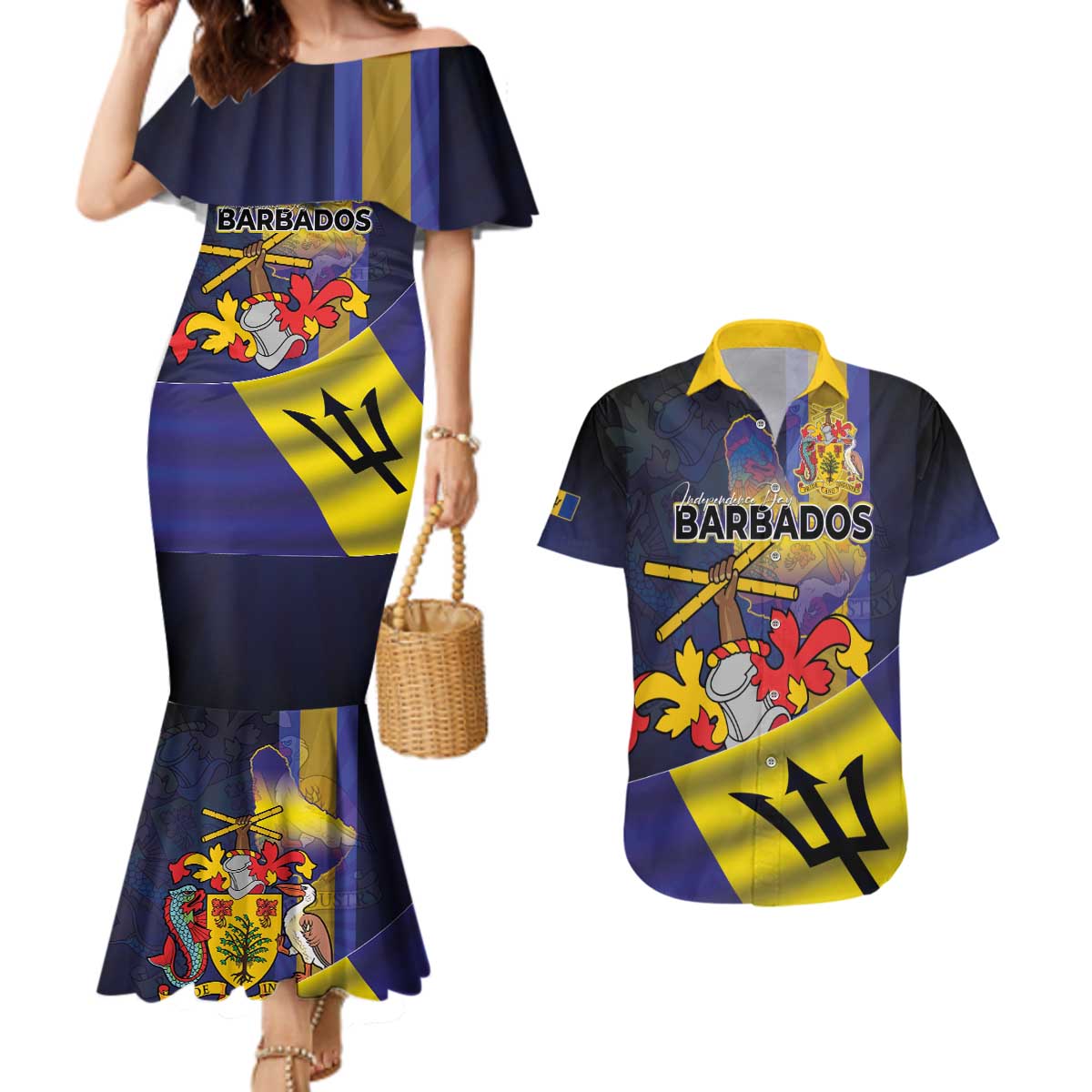 Barbados Independence Day Couples Matching Mermaid Dress and Hawaiian Shirt Coat of Arms with Freedom Emblems - Wonder Print Shop