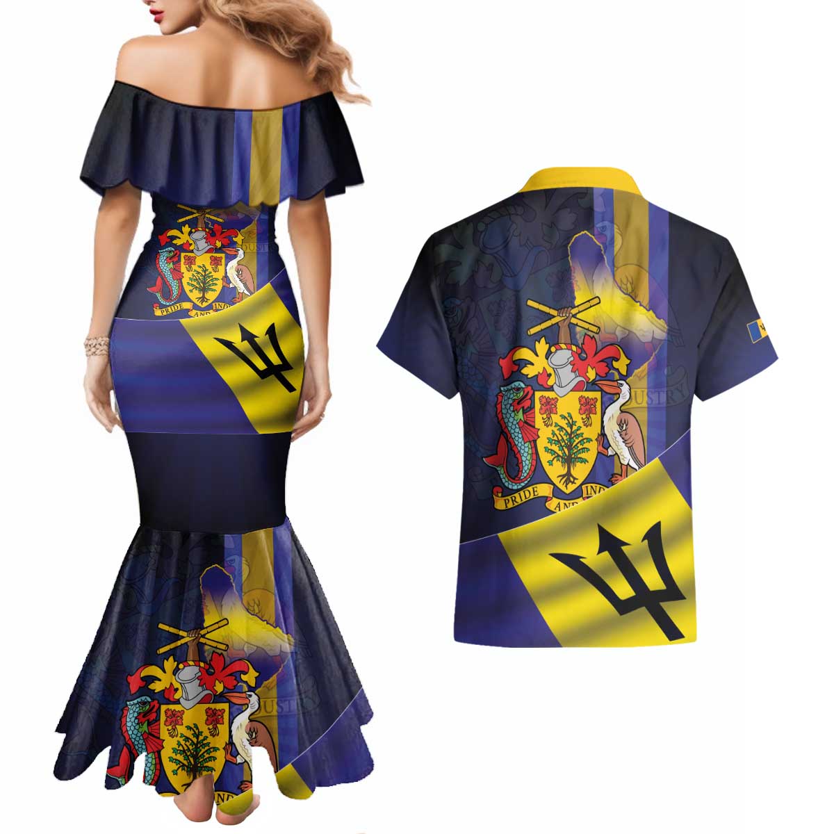 Barbados Independence Day Couples Matching Mermaid Dress and Hawaiian Shirt Coat of Arms with Freedom Emblems - Wonder Print Shop