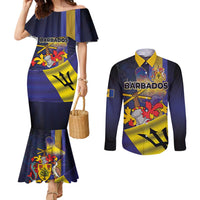 Barbados Independence Day Couples Matching Mermaid Dress and Long Sleeve Button Shirt Coat of Arms with Freedom Emblems - Wonder Print Shop