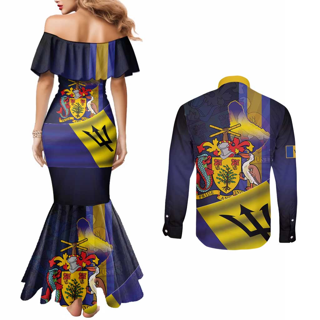 Barbados Independence Day Couples Matching Mermaid Dress and Long Sleeve Button Shirt Coat of Arms with Freedom Emblems - Wonder Print Shop
