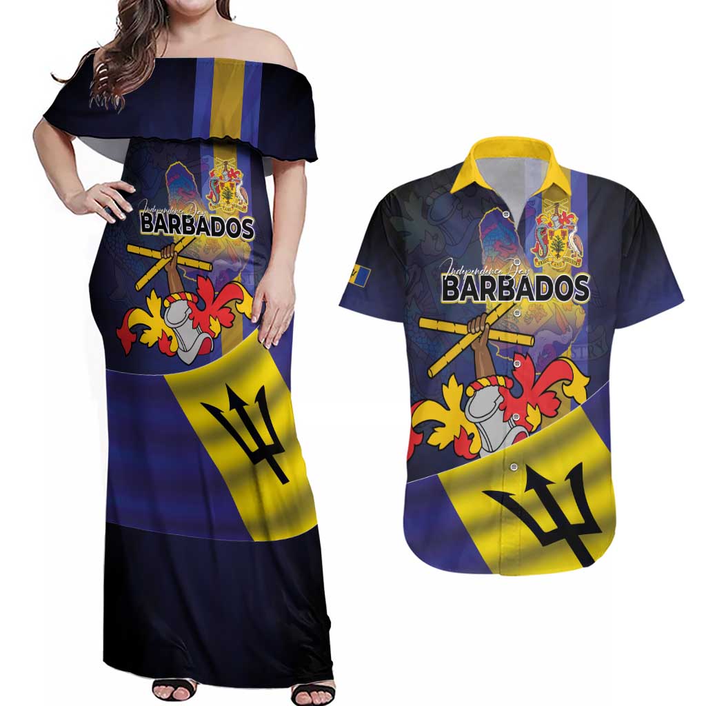 Barbados Independence Day Couples Matching Off Shoulder Maxi Dress and Hawaiian Shirt Coat of Arms with Freedom Emblems - Wonder Print Shop