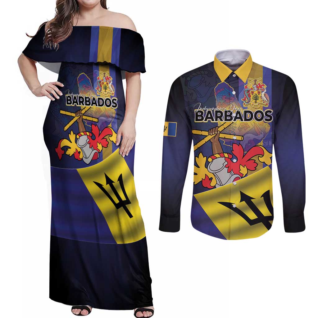 Barbados Independence Day Couples Matching Off Shoulder Maxi Dress and Long Sleeve Button Shirt Coat of Arms with Freedom Emblems - Wonder Print Shop