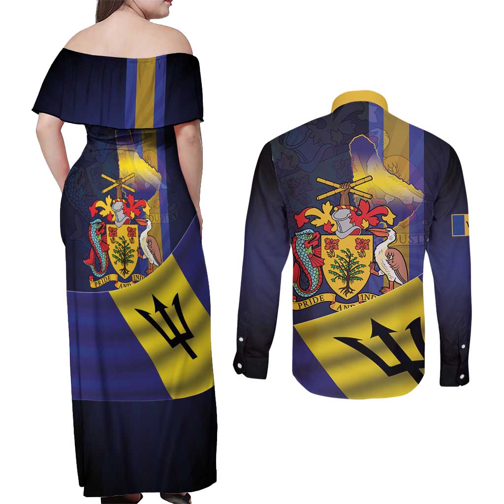 Barbados Independence Day Couples Matching Off Shoulder Maxi Dress and Long Sleeve Button Shirt Coat of Arms with Freedom Emblems - Wonder Print Shop