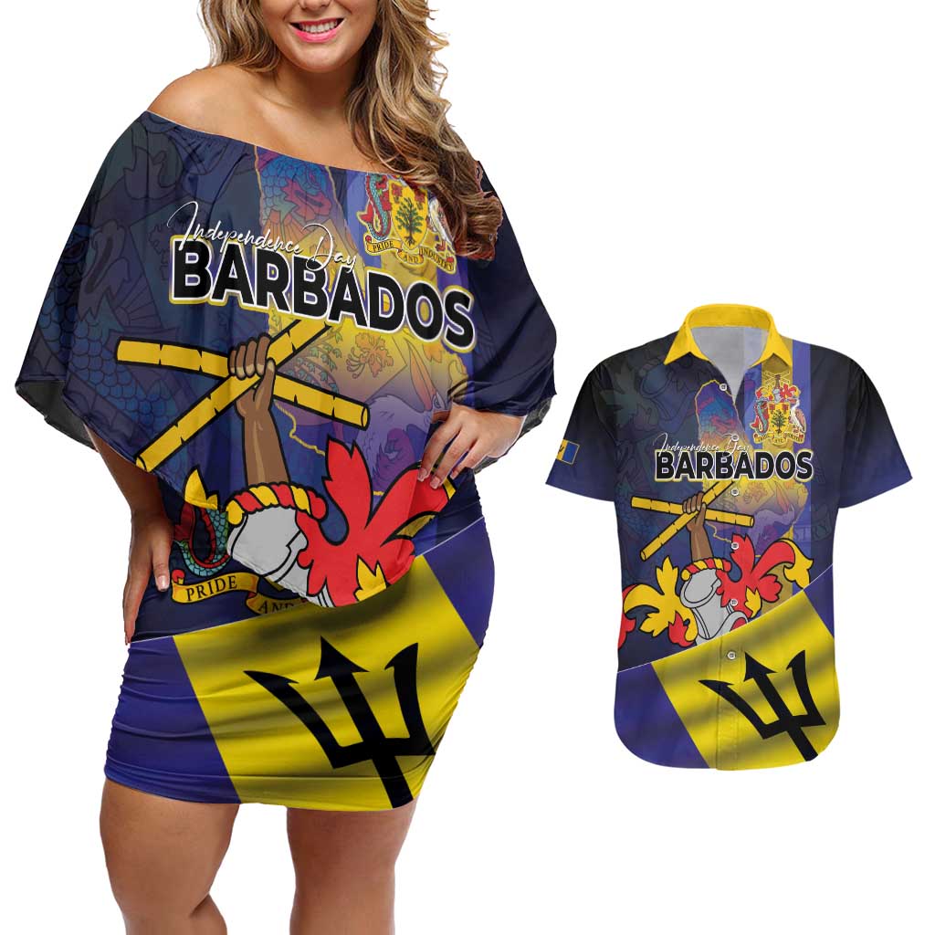 Barbados Independence Day Couples Matching Off Shoulder Short Dress and Hawaiian Shirt Coat of Arms with Freedom Emblems - Wonder Print Shop