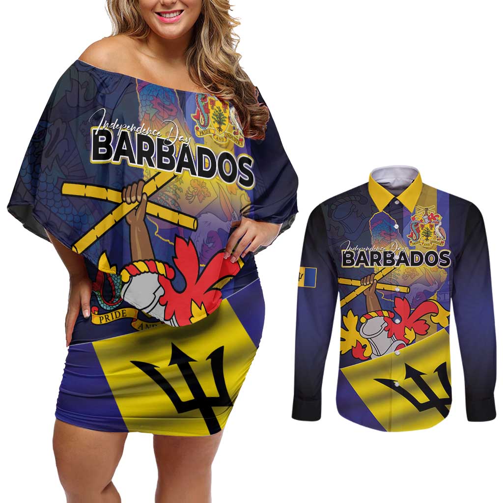 Barbados Independence Day Couples Matching Off Shoulder Short Dress and Long Sleeve Button Shirt Coat of Arms with Freedom Emblems - Wonder Print Shop