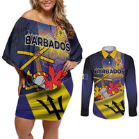 Barbados Independence Day Couples Matching Off Shoulder Short Dress and Long Sleeve Button Shirt Coat of Arms with Freedom Emblems - Wonder Print Shop