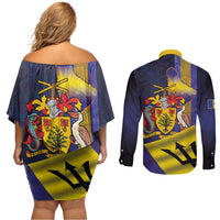 Barbados Independence Day Couples Matching Off Shoulder Short Dress and Long Sleeve Button Shirt Coat of Arms with Freedom Emblems - Wonder Print Shop