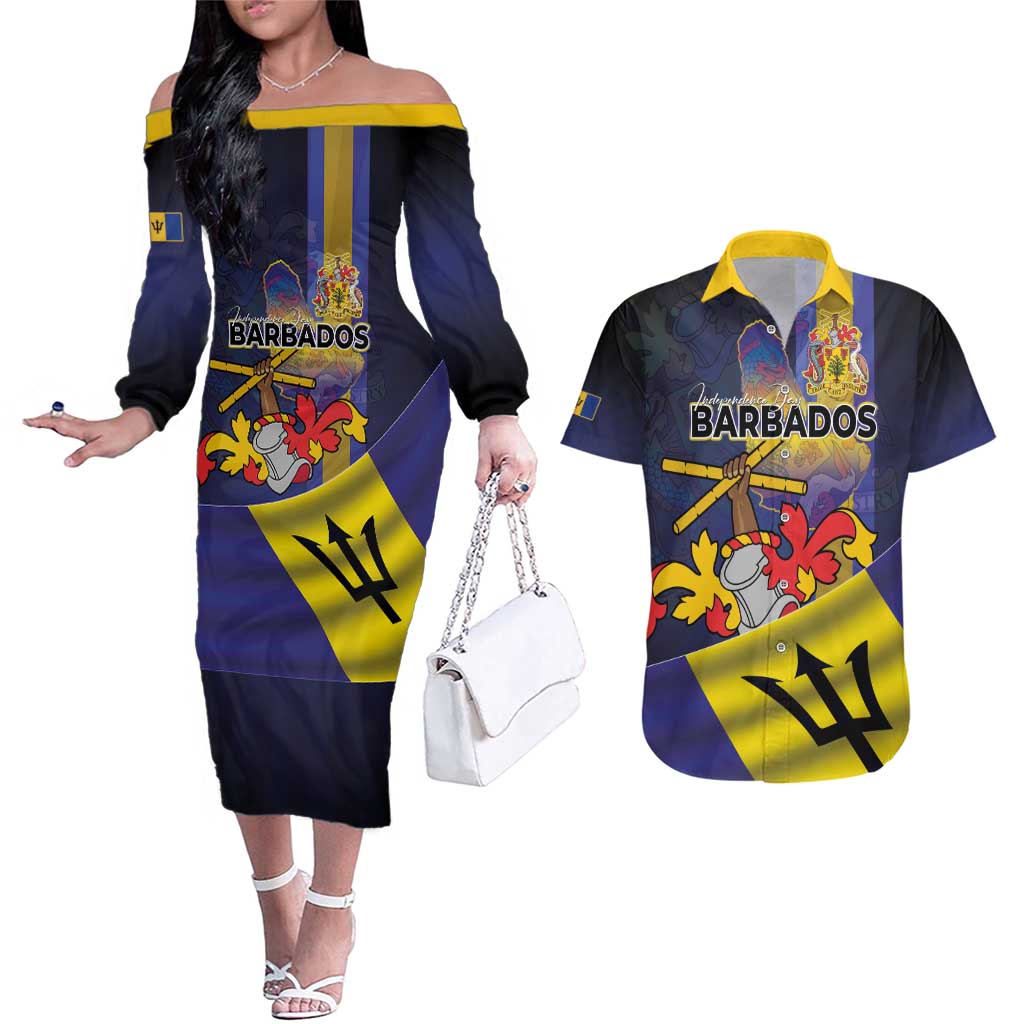 Barbados Independence Day Couples Matching Off The Shoulder Long Sleeve Dress and Hawaiian Shirt Coat of Arms with Freedom Emblems - Wonder Print Shop