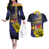 Barbados Independence Day Couples Matching Off The Shoulder Long Sleeve Dress and Hawaiian Shirt Coat of Arms with Freedom Emblems - Wonder Print Shop