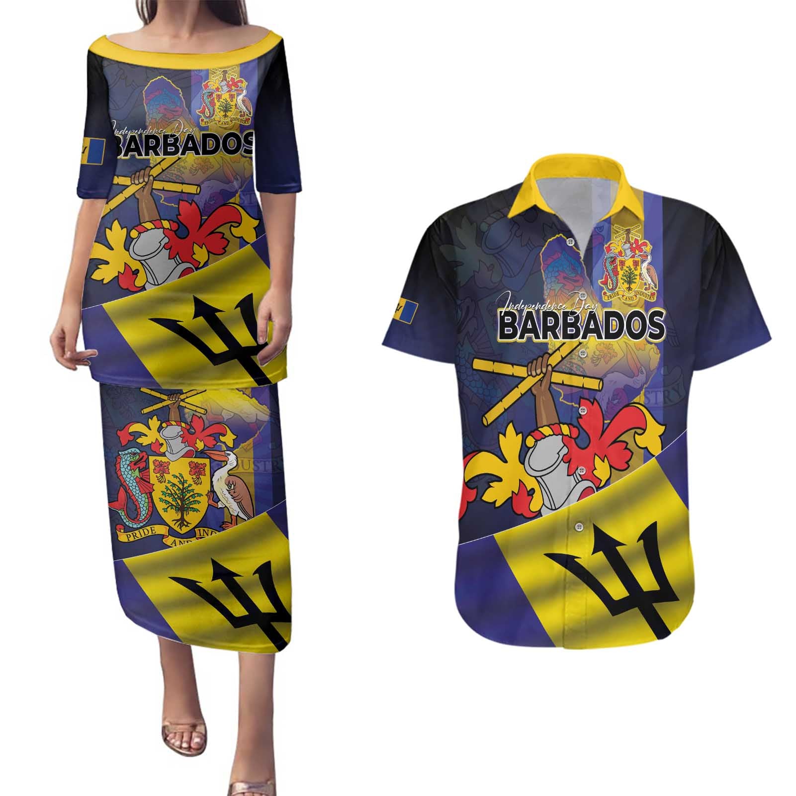 Barbados Independence Day Couples Matching Puletasi and Hawaiian Shirt Coat of Arms with Freedom Emblems - Wonder Print Shop