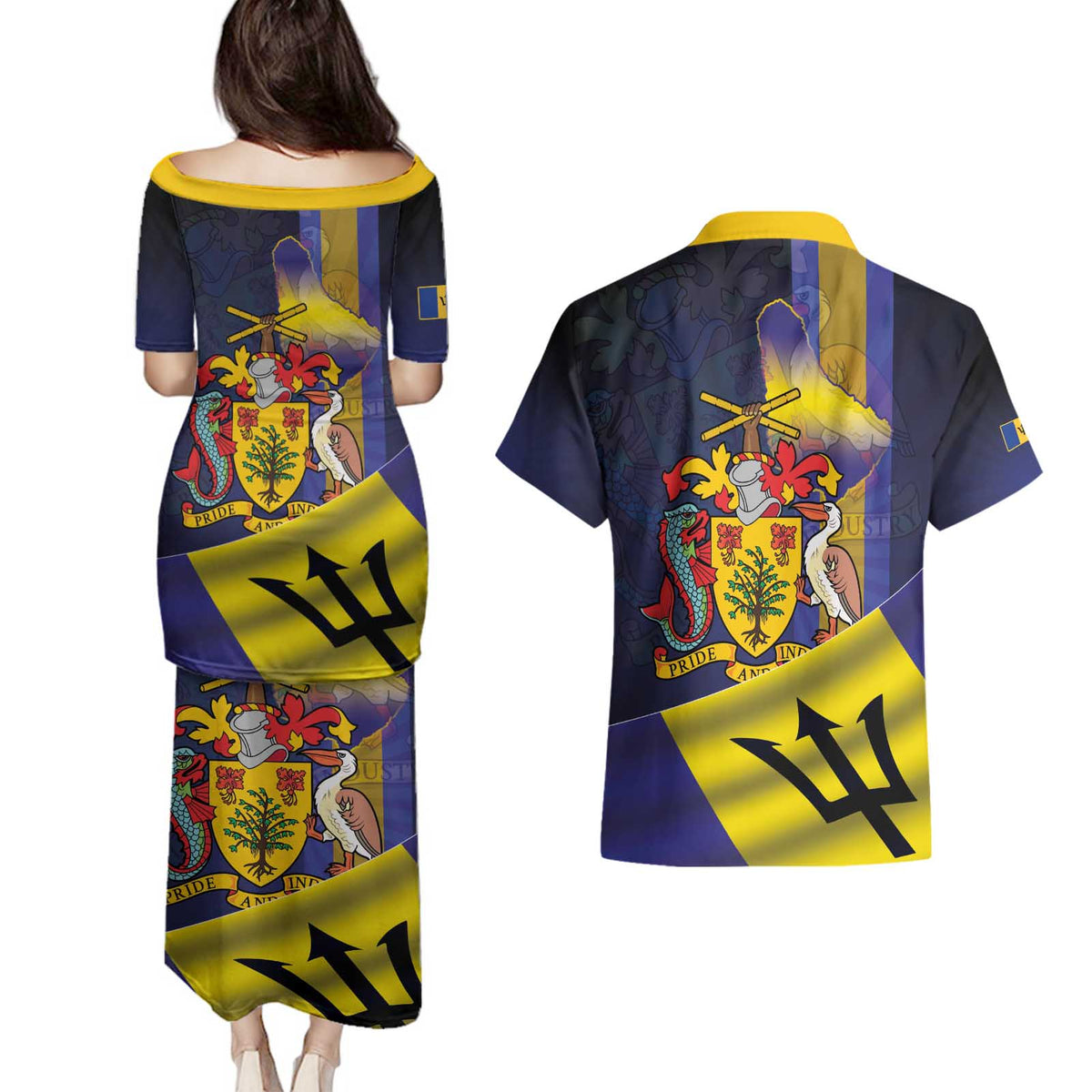 Barbados Independence Day Couples Matching Puletasi and Hawaiian Shirt Coat of Arms with Freedom Emblems - Wonder Print Shop